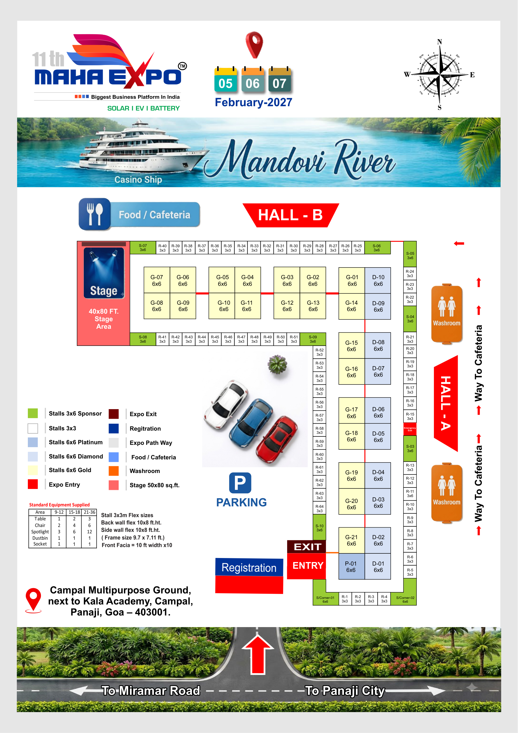 Official Maha Expo Goa 2027 floor plan with Hall A, Hall B and selectable stalls